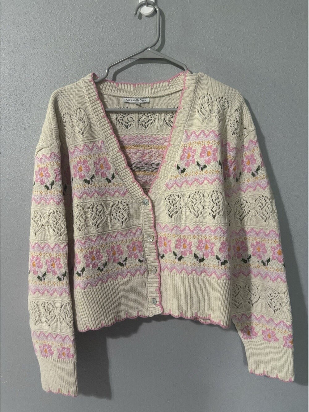Cottage Core Cardigan See And Be Seen  Size Large Pink Floral Gramma